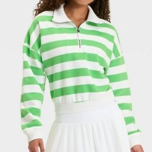 Nwt Joylab Green Stripe 1/2 Zip Boxy Cropped Fit Sweatshirt